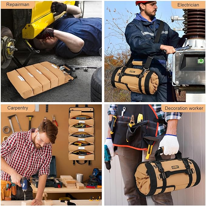 Tool Bag,Large Roll Up Tool Bag Organizer,13 Pockets Tool Roll Storage Pouch,Heavy Duty Portable Tool Storage Carrier Bag for Men,Mechanic,Electrician,Valentines Day Gifts for Men,Brown