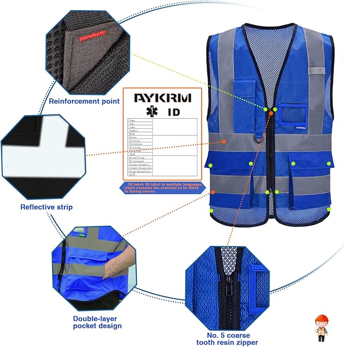 A-SAFETY High Visibility Mesh Safety Reflective Vest with Pockets and Zipper,Hi Viz Work Vest for Men Women (Blue Mesh XXXL)