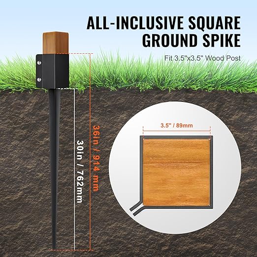 VEVOR Fence Post Anchor, 4-Pack Ground Spike, 36x4x4 OD (3.5x3.5 ID), Durable Metal, Black Powder Finish, Ideal for Mailbox, Deck, and Garden Railings