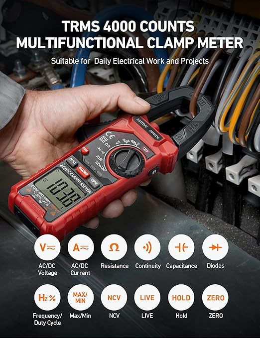 AstroAI Digital Clamp Meter Multimeter 4000 Counts Auto-ranging Amp Tester Measuring AC/DC Voltage & Current, Resistance, Capacitance, Frequency, Continuity, Live Wire Test, NCV Detection, Black