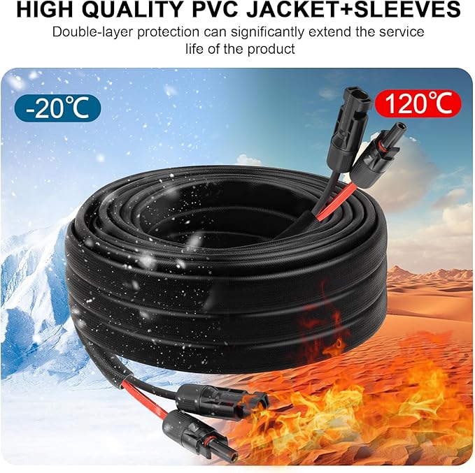 10 AWG Solar Extension Cable 25FT, Flexible Solar Panel Wire with Male to Female Connector Parallel Tinned Copper Wire for Solar Panel, Automotive, RV, Boat, Outdoors