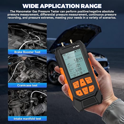 Manometer Gas Pressure Tester -100 to 200Kpa Dual-Port Digital Manometer 10 Measurement Units, Manometer HVAC Gas Pressure Tester with 29 Sets Data Recording, Backlight & Flashlight, Auto-Shutdown
