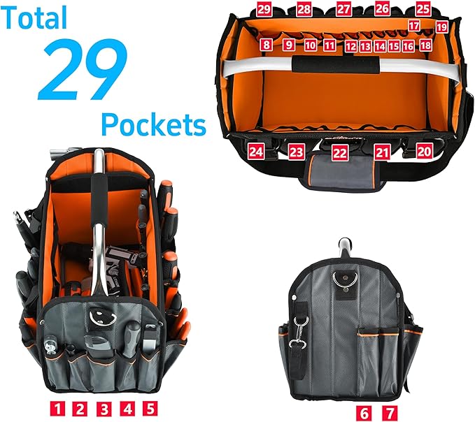 16 Inch Open Top Tool Bag, Thick 1680D Fabric, Foldable 29 Pockets Tool Tote Bags with Stainless Steel Handle & Padded Shoulder Strap, Easy Carry and Easy Tool Access