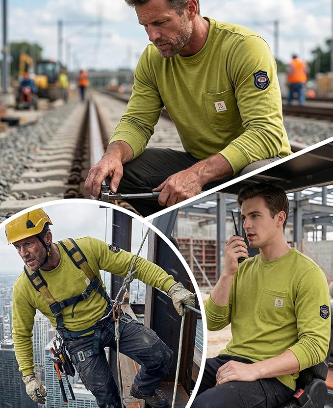 BOCOMAL FR Shirts Crewneck 7oz Midweight Flame Resistant Clothing NFPA2112 CAT2 Men's Fire Retardant Work Shirt