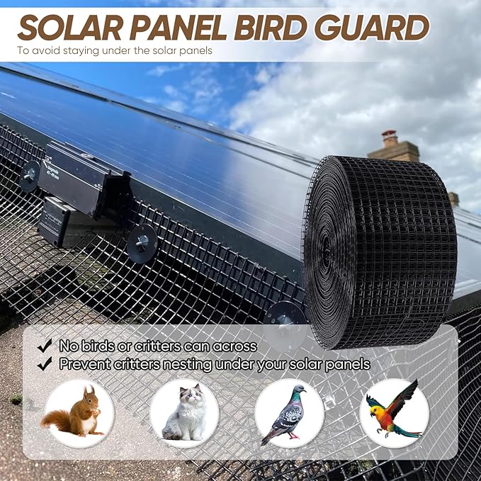 6" x 100ft Solar Panel Bird Guard, Protection Net 1/2" Mesh PVC Coated Galvanized Steel, Animal Barrier with 70 Fastener Clips for Roof Solar Panels (6in X 120ft)