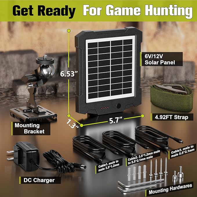 6V/12V Solar Panel for Trail Cameras, Deer Feeders & Outdoor Devices – 2000mAh Built-in Battery, IP66 Waterproof, with Mounting Bracket & Strap, Game Camera Solar Panel Charger