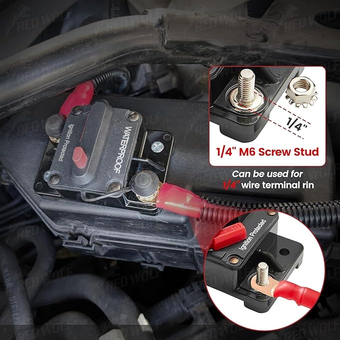RED WOLF 150A Amp Marine Circuit Breaker Fuse Holder with Manual Reset Waterproof 12V- 48V DC for Boat Trolling Motor Marine ATV Trailer Vehicles Stereo Audio Electronic Battery Solar System 150 AMP