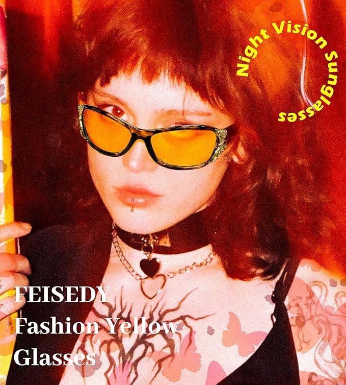 FEISEDY Classic Womens Night Glasses Driving Anti Glare Wrap Around Yellow Sunglasses B2548