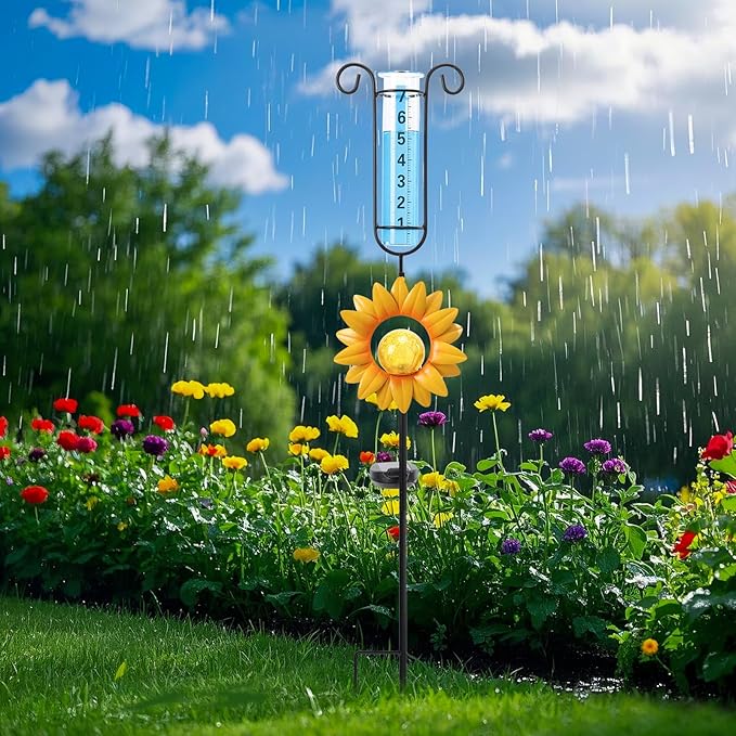 WONDER GARDEN Solar Rain Gauge Outdoor, Sunflower Decorative Rain Gauges Outdoors Best Rated with Yellow Crackled Glass Ball, Freeze Proof Water Rain Measure Gauge for Yard Patio Lawn Decor