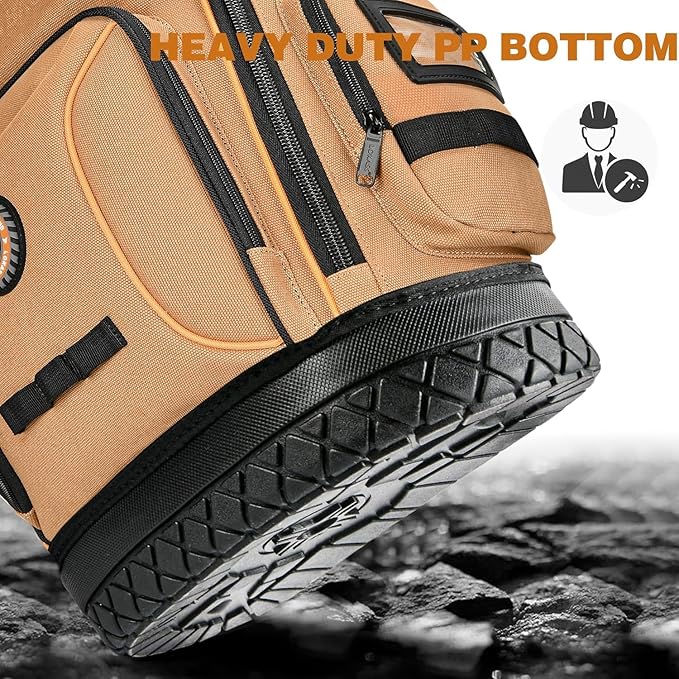 Tool Bag Backpack, 75 Pockets & Loops Canvas Heavy Duty Tools Organizer Bags/HVAC Tool Carrier for Electrician/Construction Work with Molded Base and Combination Lock - Brown