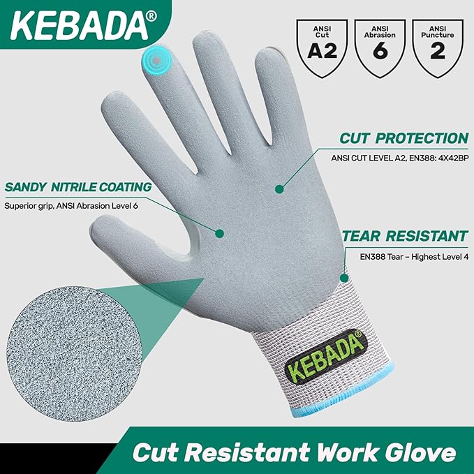 Kebada Impact Protection Gloves, ANSI A2 Cut Resistant Work Gloves with Grip, Touchscreen, Sandy Nitrile Coated