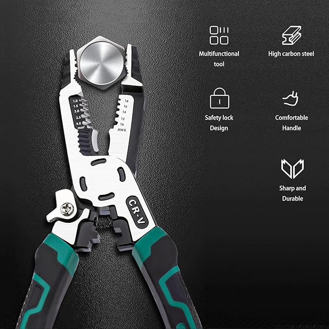 10-in-1 Wire Stripper Tool,Wire Strippers,Cable Cutters,CR-V Multifunctional Plier with Wire Stripper Crimper Side Cutter, Shearing,Screw Gripping Pliers for Electric Cable