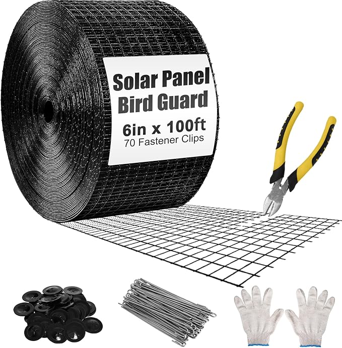 6in X 100ft Solar Panel Bird Guard - 1/2" Black PVC Mesh Galvanized Rust-Resistant Net, Critter Guard for Solar Panels with 70 Fastener Clips, Gloves, Cutting Pliers