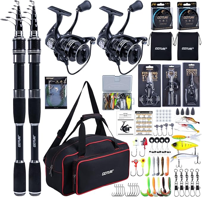 Goture Fishing Rod and Reel Combo, Red Telescopic Fishing Pole with Full Starter Kit & Carrier Bag, Portable 24T Travel Spinning Rod for Bass Trout, Freshwater Beginners Gift