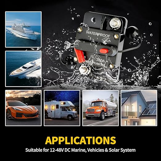 300Amp Circuit Breaker DC 12V-48V for Marine Boat Trolling Motor Automotive RV Trailer Car Solar System Battery Disconnect with Manual Reset Switch, IP67 Waterproof (Pack of 4)