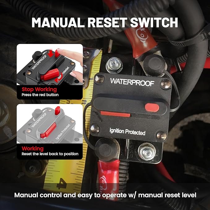 RED WOLF Car Circuit Breaker 30A AMP w/Manual Reset Switch Inline Fuse Holder Inverter 12V-48V DC for Motor Trolling Vehicles Audio Radio Solar System Protection with Wire Lugs Copper Washer Screws