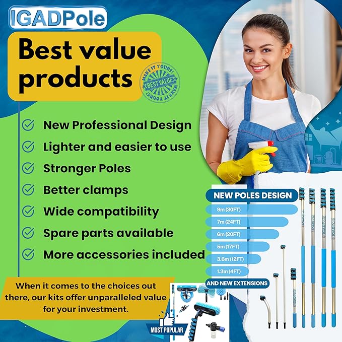 IGADPole 24 FT Water-Fed Washing Kit with Soap-Dispenser, Brush, 10″ Squeegee & Cobweb Duster for Windows, Gutters, Solar Panels & Exterior Walls
