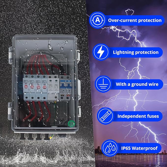 Transparent 4 String Solar Combiner Box, 550V DC Breaker, Integrated Lightning Arrester, and 15A Fuse - Ideal for Residential Solar Systems with Easy Maintenance Access