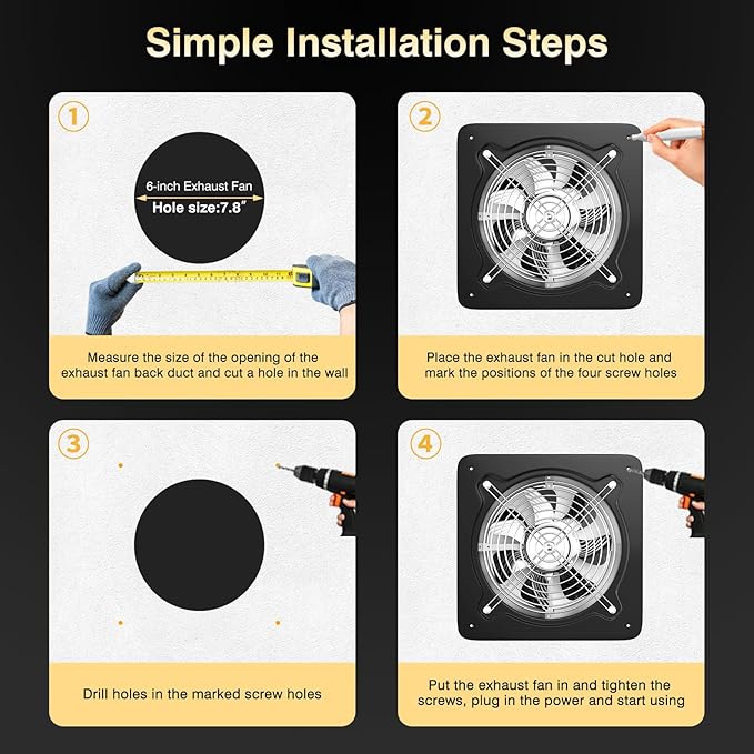 8 inch Exhaust Fan, Kitchen Exhaust Fan for Wall, Potable Window Exhaust Fans, 576CFM Wall mounted Bathroom Fan with Check Valve for Kitchen, Workshop, Basement (Black)