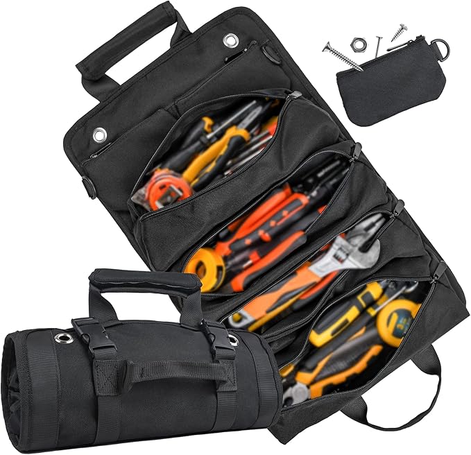 Tool Bag, Tool Bags for Men, Heavy Duty Tool Organizer, Portable Roll Up Tool Bag Gifts For Him, Mechanic, Electrician and Hobbyist, Car Tool Roll Organizer - Black