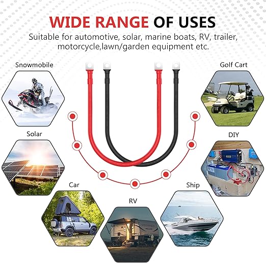 VOLTWORKS 1/0 AWG Gauge Red + Black Pure Copper Battery Inverter Cables Solar, RV, Car, Boat 2ft 3/8 in Lugs
