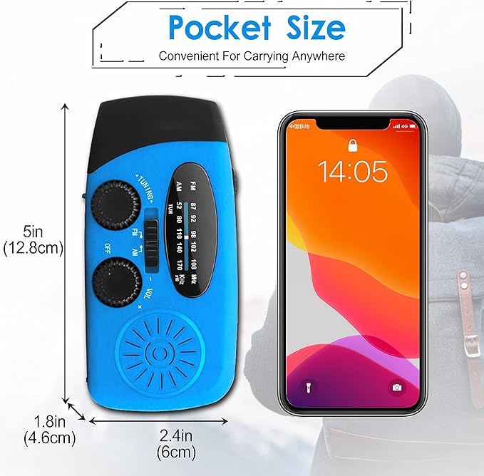 Emergency Hand Crank Radio with LED Flashlight for Emergency, AM/FM Portable Weather Radio with 2000mAh Power Bank Phone Charger, USB Charged & Solar Power for Camping, Emergency(Blue)