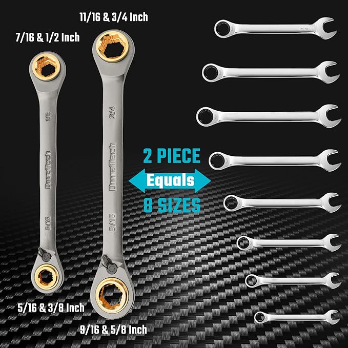 DURATECH Anti-slip 4-in-1 Reversible Ratcheting Box Wrench Set, Double Box End, SAE, 2-Piece, 5/16, 3/8, 7/16, 1/2 & 9/16, 5/8, 11/16, 3/4-Inch, CR-V Steel, Nickel Plated, with Rolling Pouch