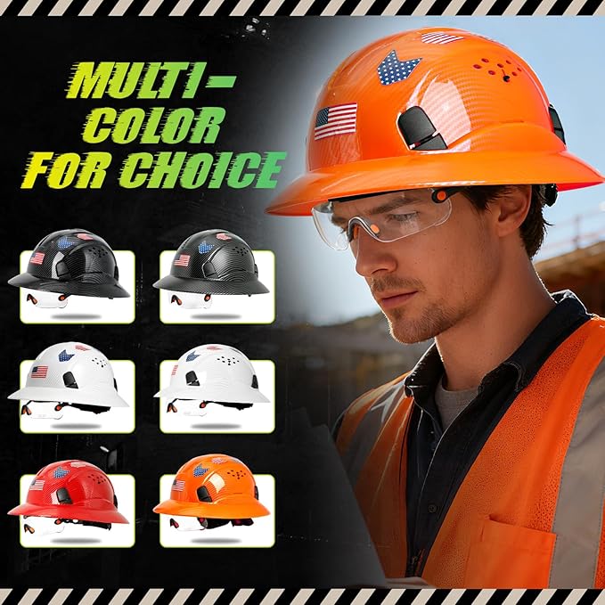 Carbon Fiber Pattern Full Brim Hard Hat with Visor-OSHA Approved Construction Safety Helmet for Men Women,ANSI Z89.1 Vented Reflective Hardhat with Hard Hat Chin Strap,6-Point Suspension