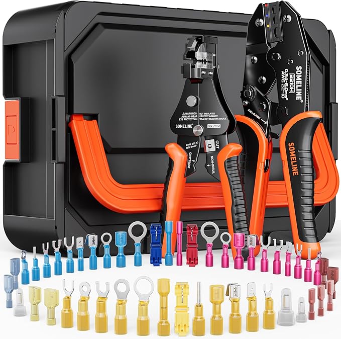 SOMELINE Heat Shrink Connector Crimping Tool Kit – 48 Assorted Sizes (22-10 AWG) Marine-Grade Heat Shrink Terminals, Crimp Pliers & Wire Stripper – for Automotive, Marine & Electrical Panels