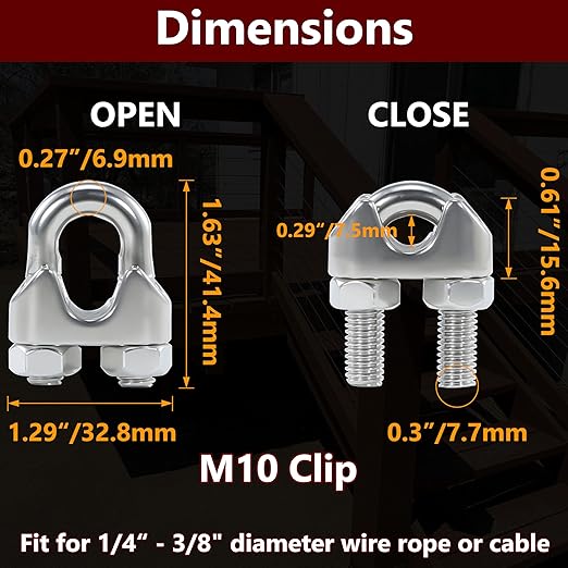 6PCS 3/8 Inches M10 Stainless Steel Wire Rope Cable Clip Clamp