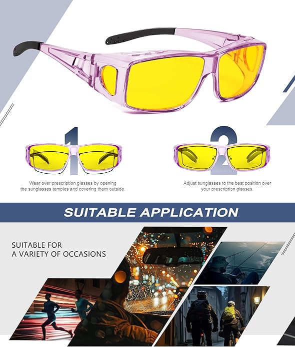 KALIYADI Night-Vision-Glasses Fit-Over-Glasses Wrap-Around Glasses: Anti Glare Night Driving Glasses for men women HD Lens