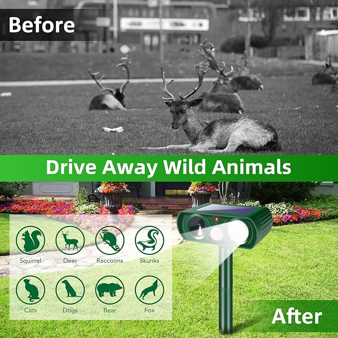 4-Pack Solar Ultrasonic Animal Repellent for Garden Protection Stop Yard Damage Instantly Deer Cat Squirrel Dog Skunk Rabbit & Raccoon Deterrent Weatherproof Outdoor Animal Control Safe for Kid & Pet