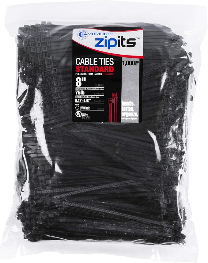 ZipIts 1000 Pieces 8-in 75 Lb Tensile Strength Standard Duty Cable Ties, Black UV Resistant, Nylon 6/6, UL Listed, Contractor Grade Quality Wire Ties