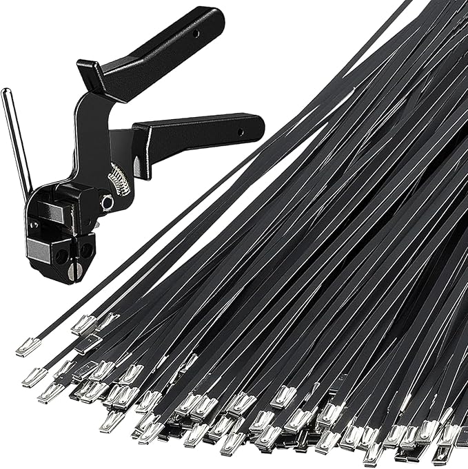 100PCS Heavy-Duty Metal Zip Ties with Cable Tie Gun for Fastening and Cutting, 11.8 Inch UV-Resistant Black Stainless Steel Ties for Fence, Pipe, Exhaust, Vehicle & Farm Use