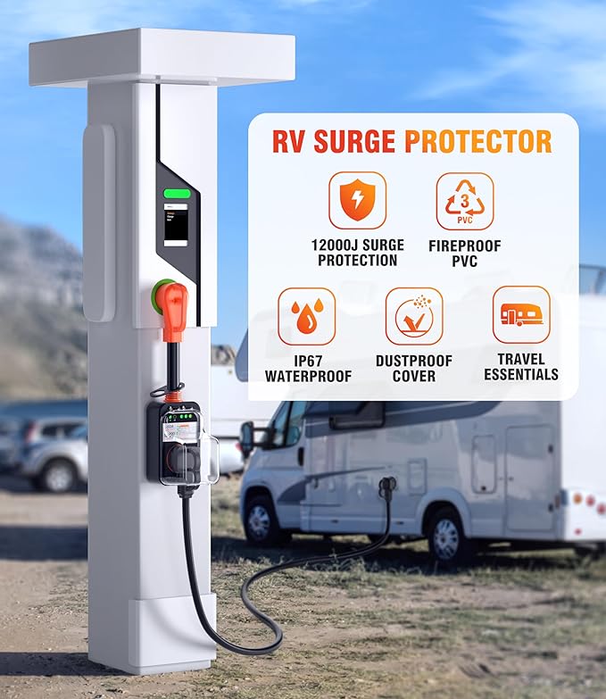 RV Surge Protector 50 Amp Waterproof, Upgraded 12000 Joules RV Power Protector （Safety-Certified）, RV Adapter Plug with Anti-Theft Cable Lock for Camper, Circuit Analyzer for Travel Trailers