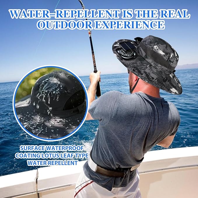 Solar Fan Hat,Sombrero con ventilador Solar,Fishing Hat with Fan for Men, Wide Brim Sun Hat with 2 Solar Fan,3 Speed Adjustable Fans Hats,Waterproof Outdoor Hiking Camping Fishing(Black and White)