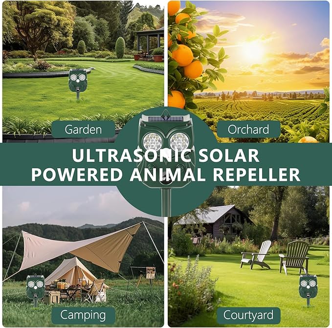 2 Pack 2026 Ultrasonic Animal Repellent Outdoor Deer Repellent Devices Solar Animal Repeller Motion Activated Deterrent to Scare Cat Squirrel Rabbit Raccoon Skunk with LED Flash Lights for Yard Lawns