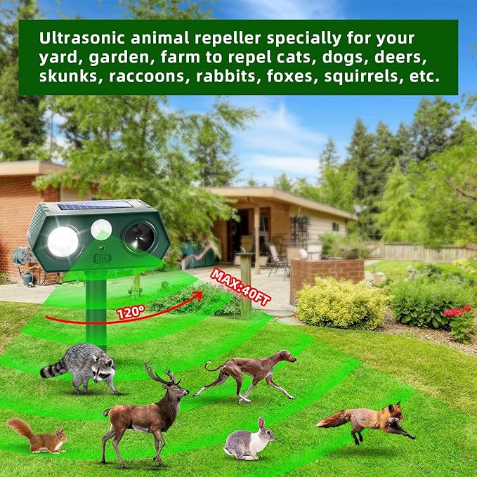 Sonic Fortress Pro Deer Repellent Devices, Solar Ultrasonic Racoon Squirrel Repellent Outdoor IP65 Motion Activated Animal Repeller Cat Deterrent Light to Scare Rabbit Dog Skunk Out of Garden Yard(4)