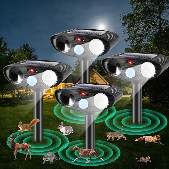 2026 Cat Deterrent Outdoor Solar Ultrasonic Animal Repellent,IP65 WaterproofDeer Repellent Devices with Motion Detection&Flash Light Rabbit Repellent for Vegetable Garden,Backyard,Lawn 4Pack