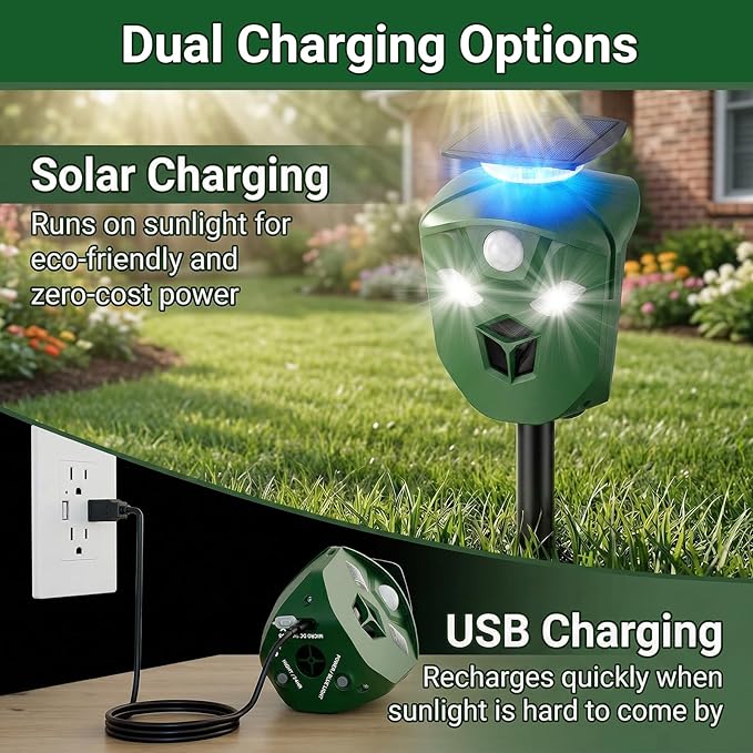 360° Solar Ultrasonic Animal Repellent Outdoor, Deer Repellent Devices with Flash Lights, Animal Deterrent Devices Outdoor for Squirrels, Snakes, Cats, Dogs, Rabbits, Opossums, Coyotes, Raccoons