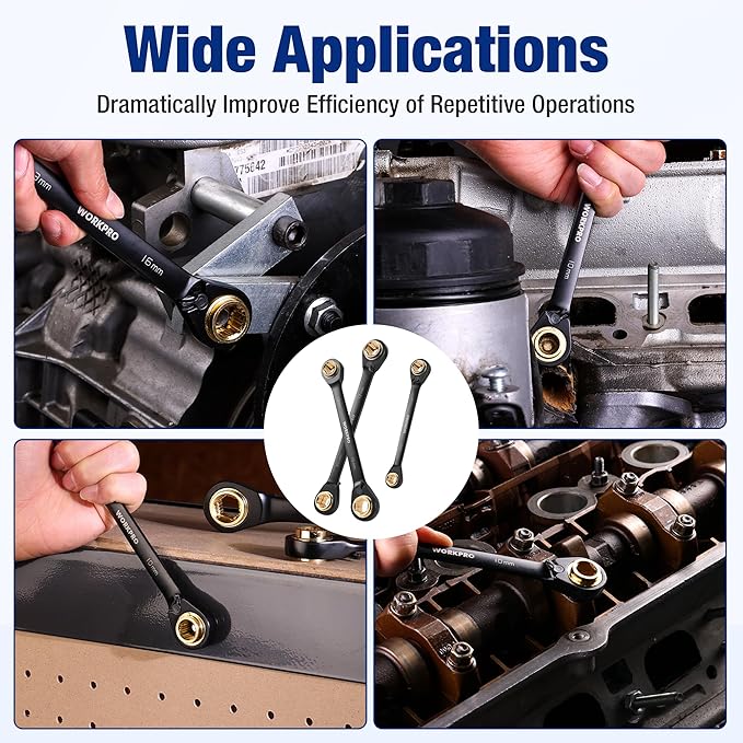 WORKPRO 3-Piece 4-in-1 Reversible Ratcheting Wrench Set, 12 Sizes in 3 Wrenches (8MM to 19MM), Metric, Anti-Slip, Double Box End, 72-Tooth, CR-V, 6-Point, with Storage Bag - for Repair & Maintenance
