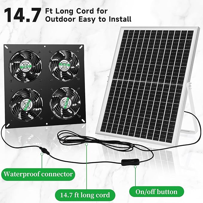 25W Solar 4 Fan Kit for Outdoor Greenhouse, Solar Powered Vent Exhaust Ventilation Fan for Chicken Coop, Shed Air Circulation, 14.7 Ft Long Cord with IP65 Weatherproof Rate