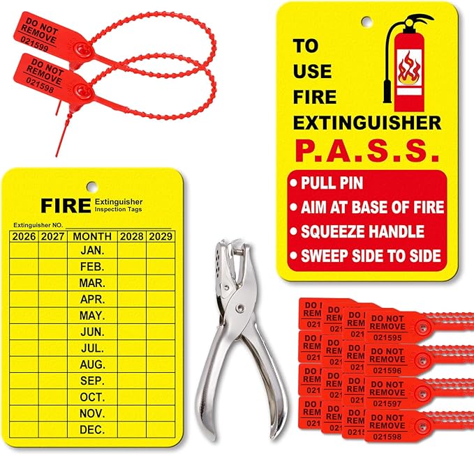 90 Sets Fire Extinguisher Tags Monthly Inspection Tear-Resistant Numbered Plastic Tamper-Evident Cable Ties Easy to Punch Includes Handheld Hole Puncher- Red
