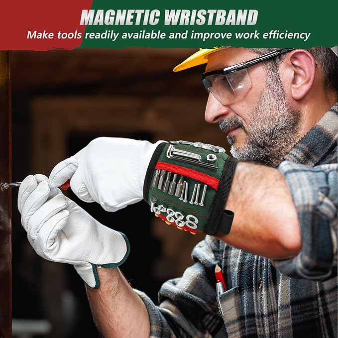 Magnetic Wrist band for Tools, Tool Belt Wrist Band with 15 Powerful Magnet, Adjustable Wrist Screws Holder, Birthday Gifts for Men, Dad, Him, Mechanic, Woodworker, Handyman