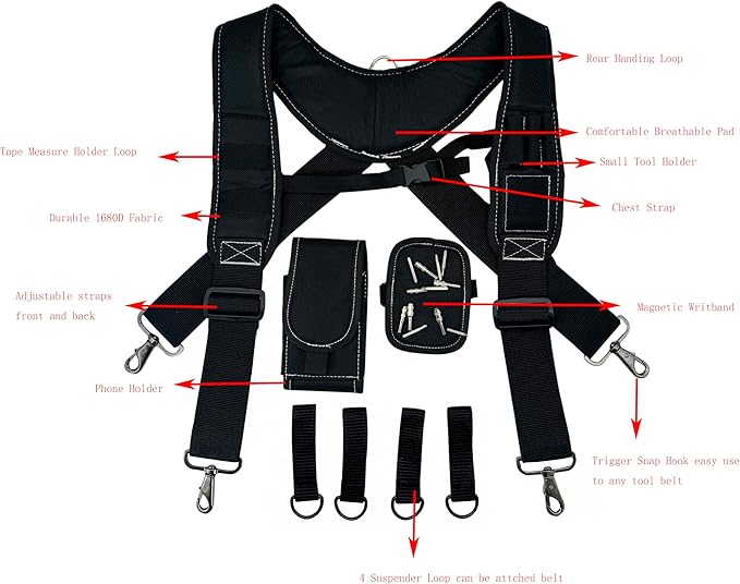Tool Belt Suspenders for Work Belt Heavy Duty Padded with Magnetic WristBand Attachment Loops for Men