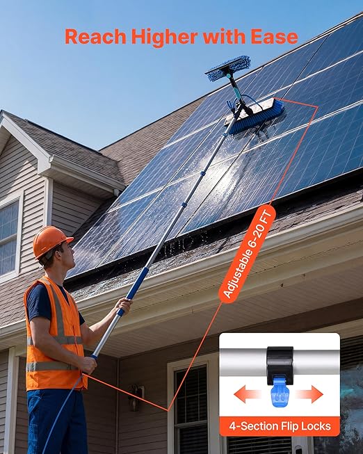 VEVOR Solar Panel Cleaning Kit, 20 ft, Water Fed Pole Kit with Cleaning Brush, Soap Dispenser, Extendable Aluminum Telescopic Pole, 180° Rotatable Brush Head, for Roof Mounted Solar Panels, Windows