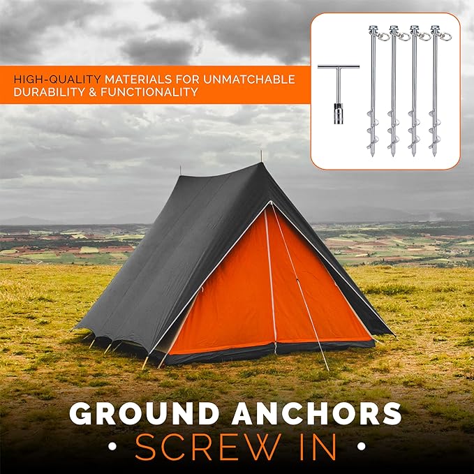 MightyPhine Steel Screw Ground Anchors - Set of 4, 12 Inch, Silver, Metal - Tent Stakes, Trampoline Anchor Kit, Swing Set Anchors, High Wind Resistance