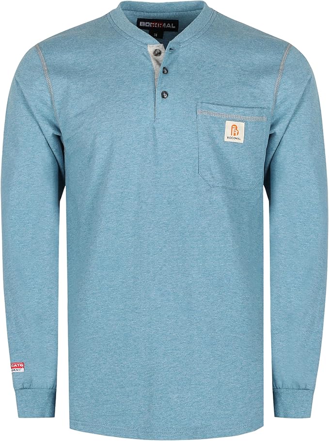BOCOMAL FR Shirts for Men 5.5oz Lightweight Long Sleeve Work Henley Fire Resistant Shirt CAT2