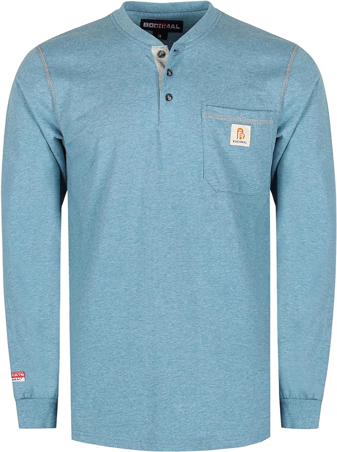 BOCOMAL FR Shirts for Men 5.5oz Lightweight Long Sleeve Work Henley Fire Resistant Shirt CAT2