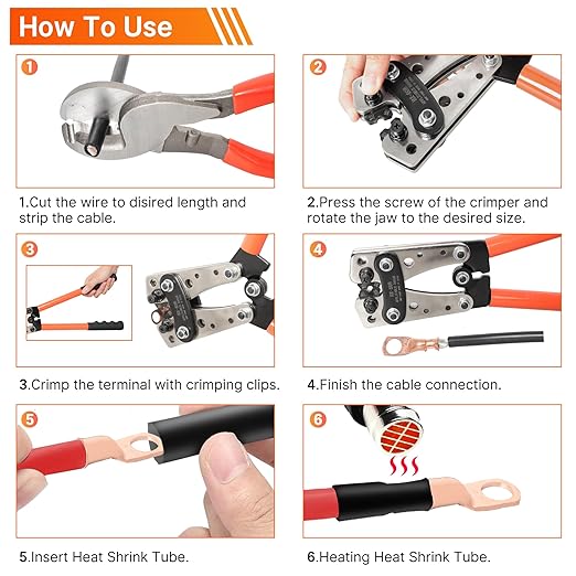 Kuject Battery Cable Lug Crimping Tool Kit with Copper Wire Lug AWG 1 2 4 6 8 1/0 Gauge, Wire Crimper for AWG 10-1/0 with Cable Cutter, 110PCS Battery Cable Ends with 110PCS 3:1 Heat Shrink Tubing